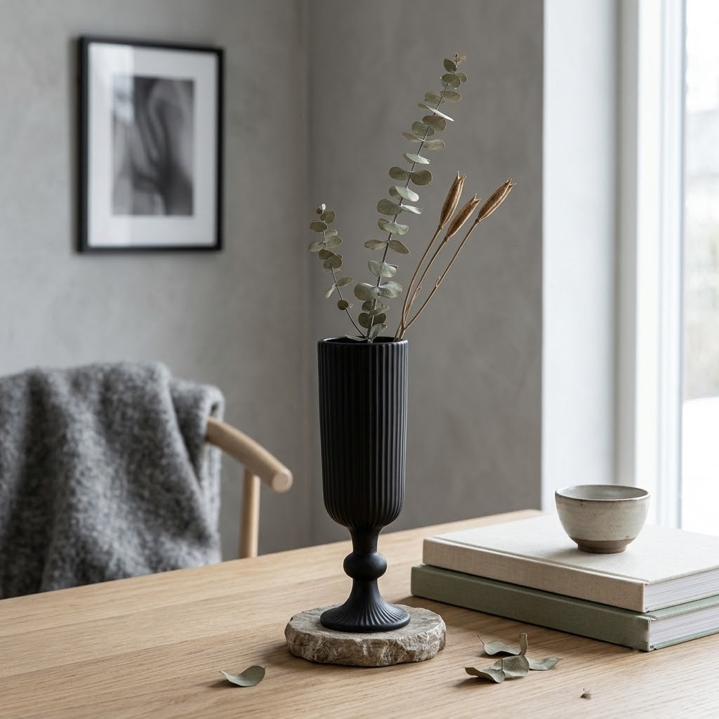 Tall Black Fluted Glass Vase