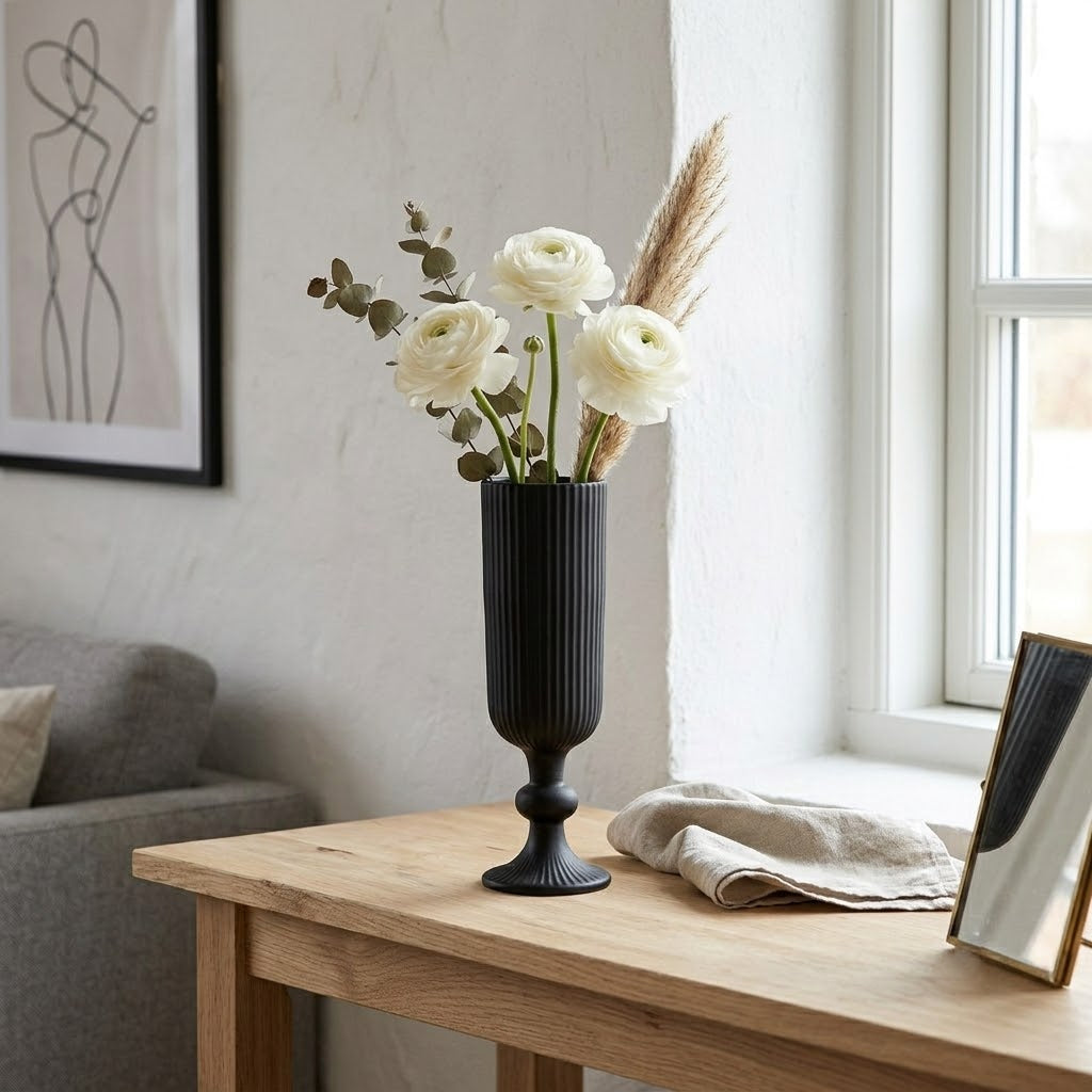 Tall Black Fluted Glass Vase